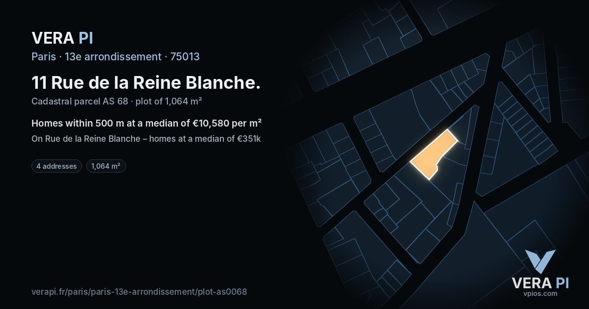 11 Rue de la Reine Blanche, 13e arrondissement at night – the plot lit, the parcels around coloured by the prices near them