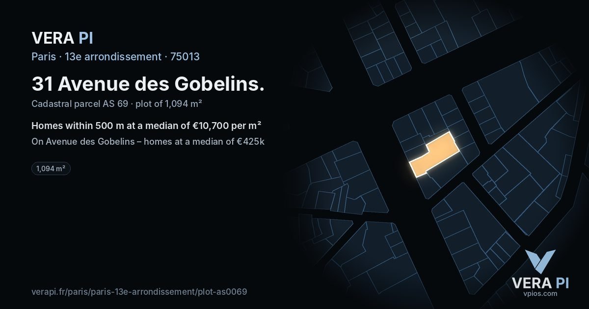 31 Avenue des Gobelins, 13e arrondissement at night – the plot lit, the parcels around coloured by the prices near them