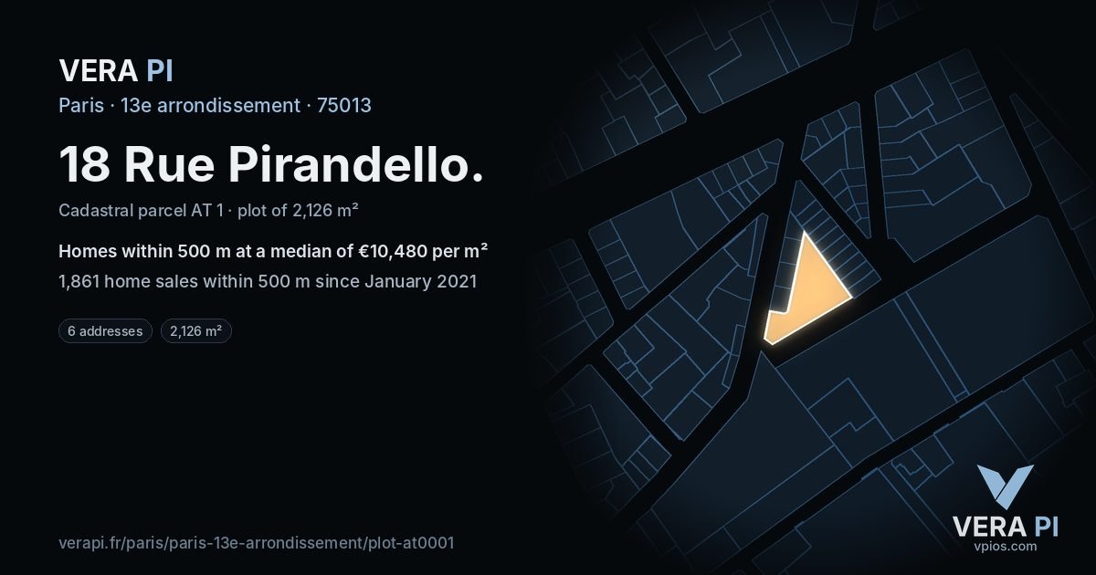 18 Rue Pirandello, 13e arrondissement at night – the plot lit, the parcels around coloured by the prices near them