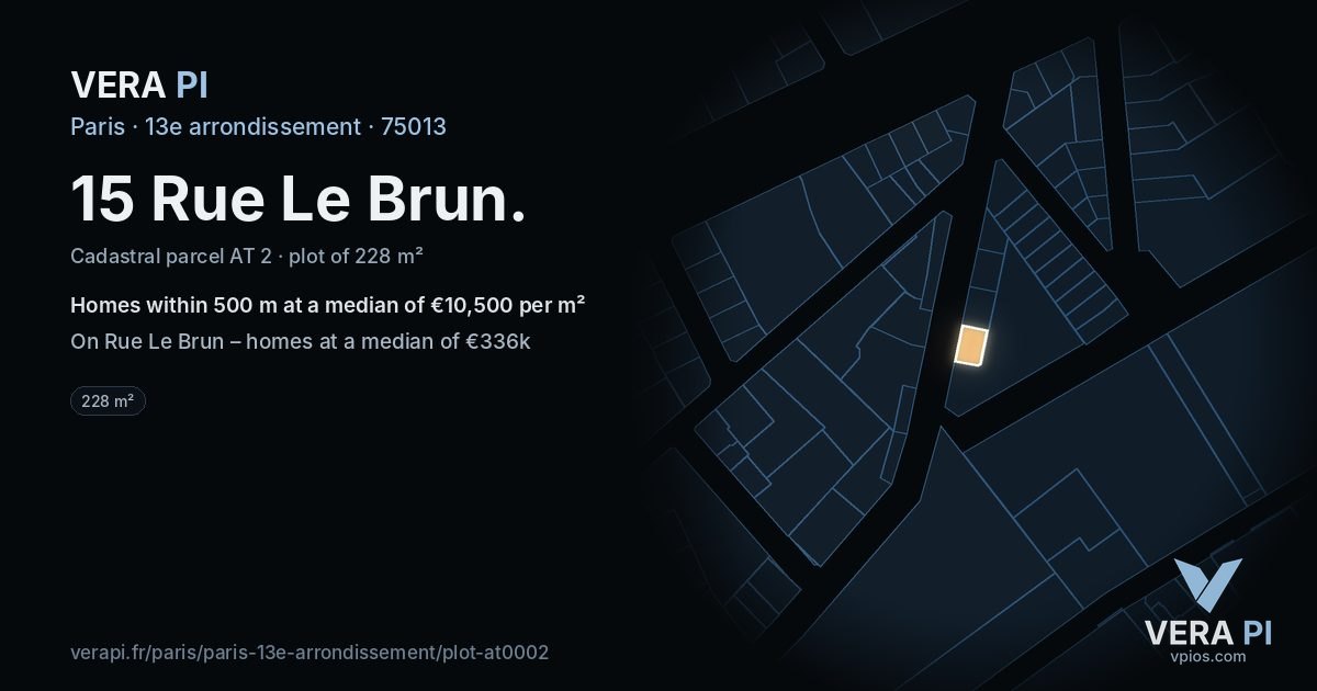 15 Rue Le Brun, 13e arrondissement at night – the plot lit, the parcels around coloured by the prices near them