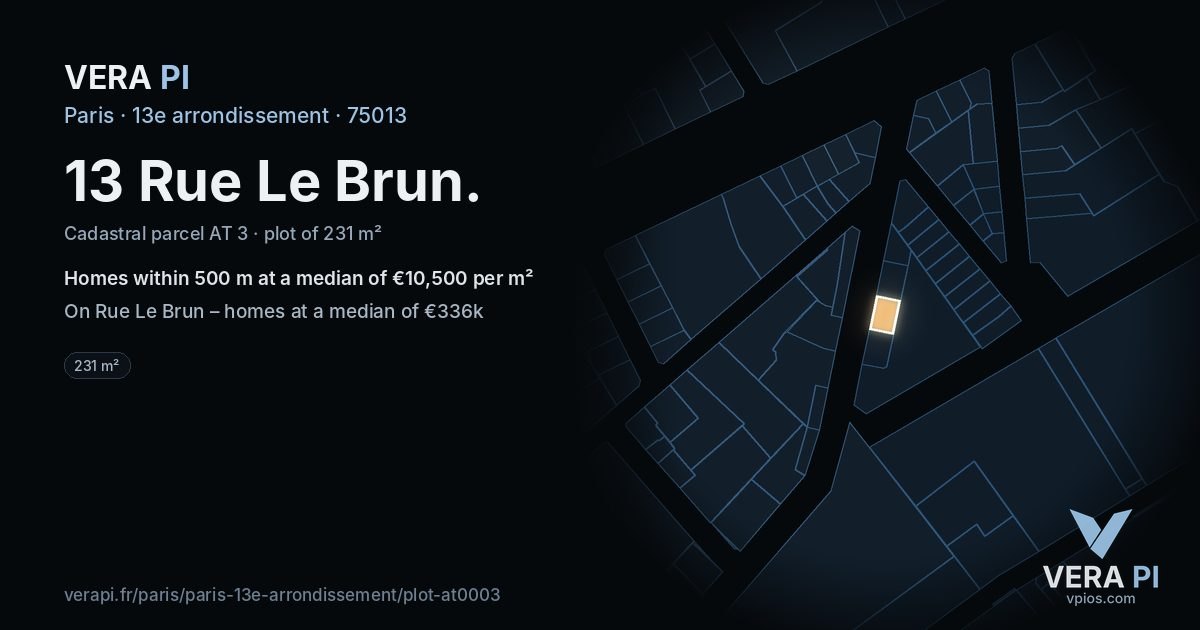 13 Rue Le Brun, 13e arrondissement at night – the plot lit, the parcels around coloured by the prices near them