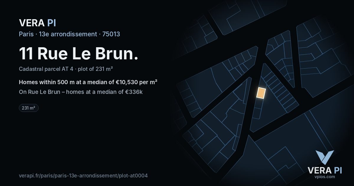 11 Rue Le Brun, 13e arrondissement at night – the plot lit, the parcels around coloured by the prices near them