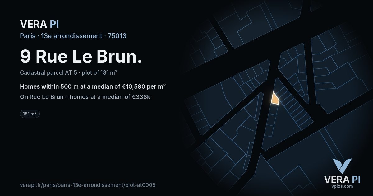 9 Rue Le Brun, 13e arrondissement at night – the plot lit, the parcels around coloured by the prices near them