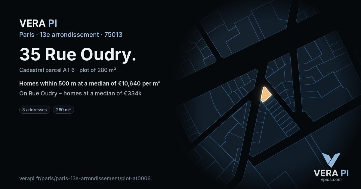 35 Rue Oudry, 13e arrondissement at night – the plot lit, the parcels around coloured by the prices near them