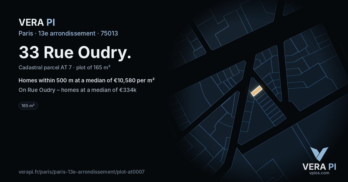 33 Rue Oudry, 13e arrondissement at night – the plot lit, the parcels around coloured by the prices near them