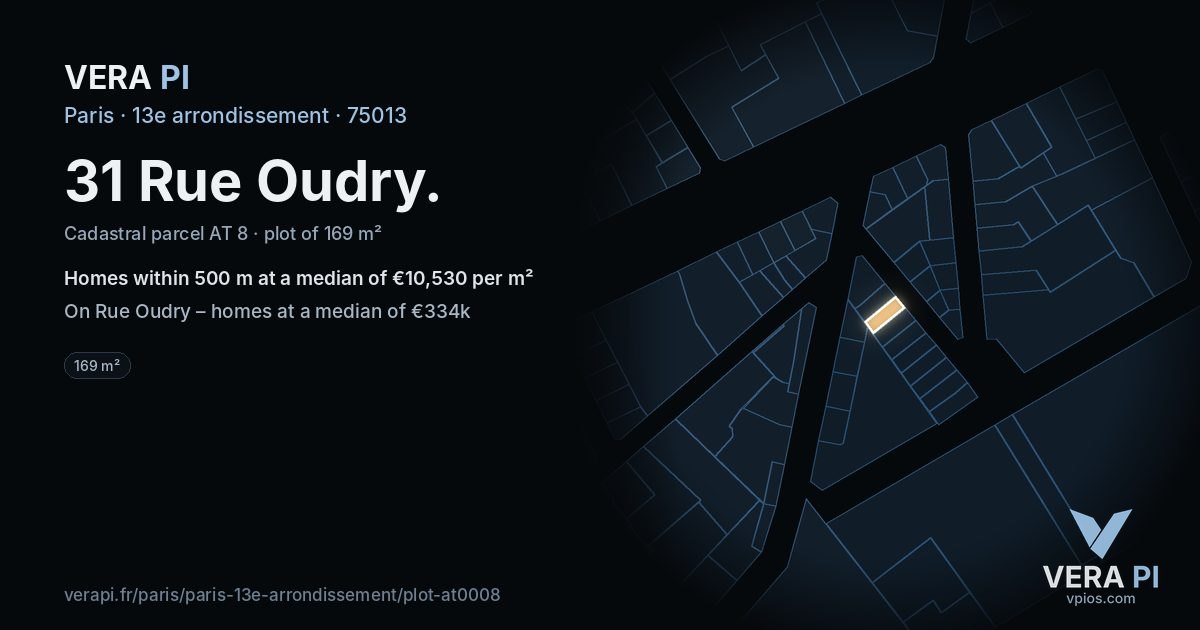 31 Rue Oudry, 13e arrondissement at night – the plot lit, the parcels around coloured by the prices near them