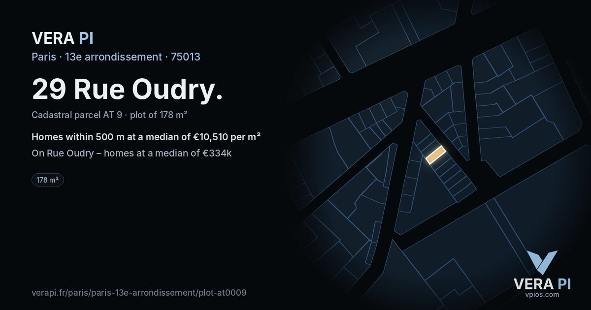 29 Rue Oudry, 13e arrondissement at night – the plot lit, the parcels around coloured by the prices near them