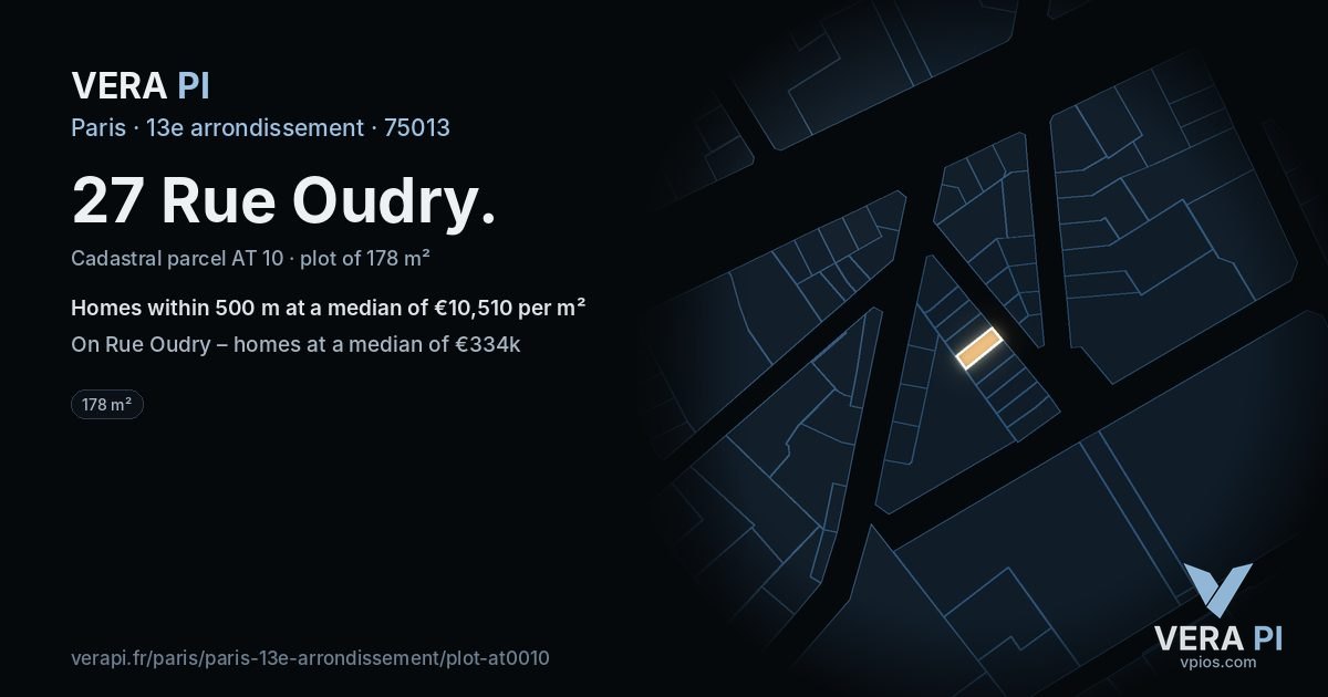 27 Rue Oudry, 13e arrondissement at night – the plot lit, the parcels around coloured by the prices near them