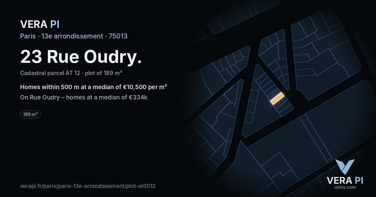 23 Rue Oudry, 13e arrondissement at night – the plot lit, the parcels around coloured by the prices near them