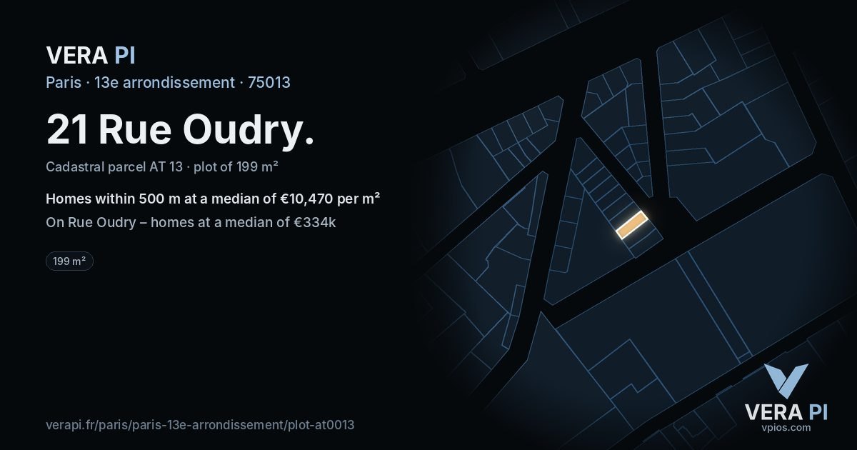 21 Rue Oudry, 13e arrondissement at night – the plot lit, the parcels around coloured by the prices near them