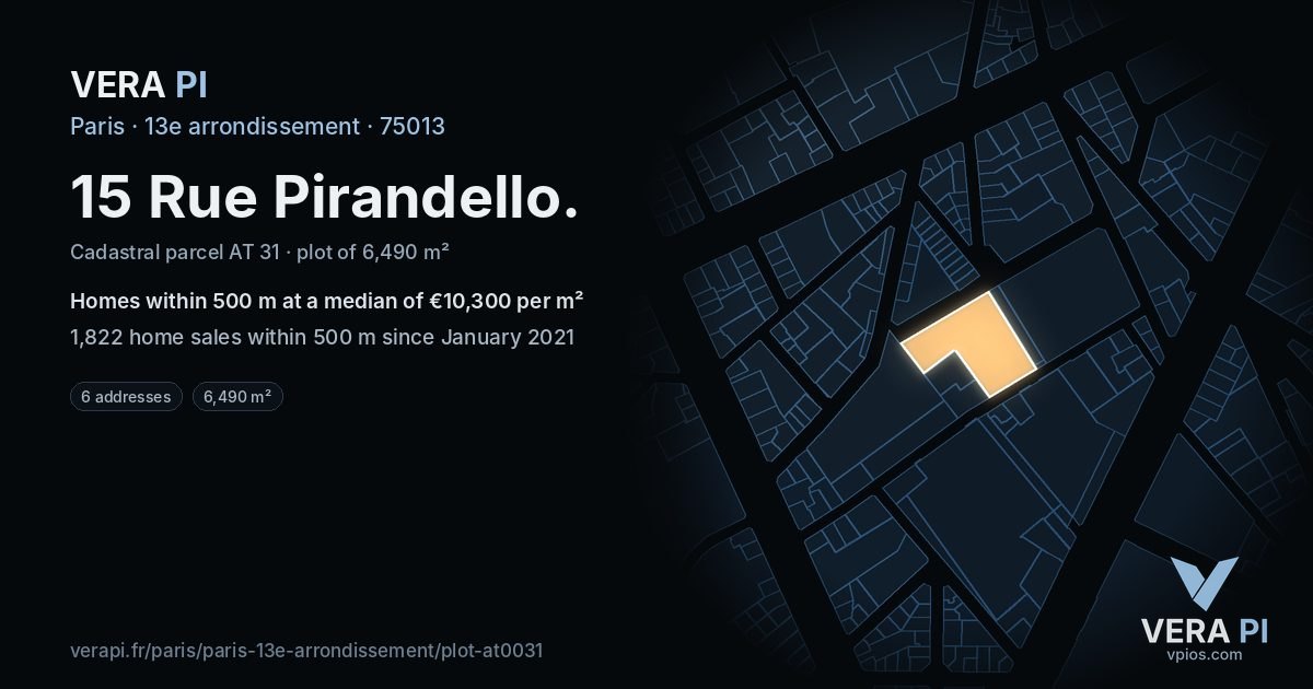 15 Rue Pirandello, 13e arrondissement at night – the plot lit, the parcels around coloured by the prices near them