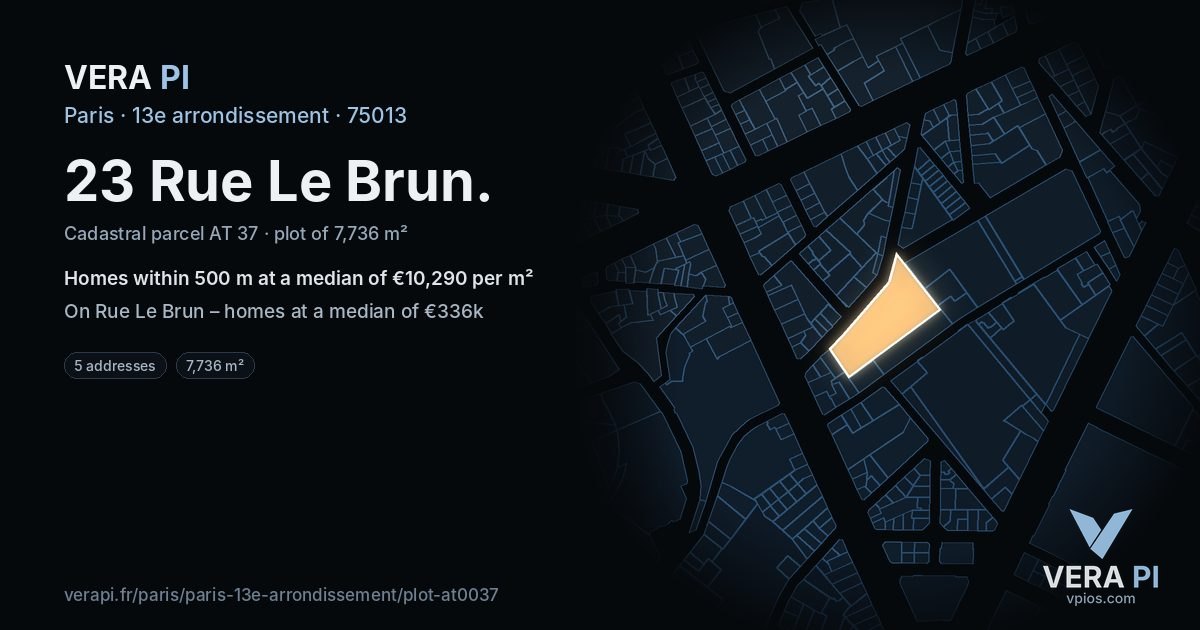 23 Rue Le Brun, 13e arrondissement at night – the plot lit, the parcels around coloured by the prices near them