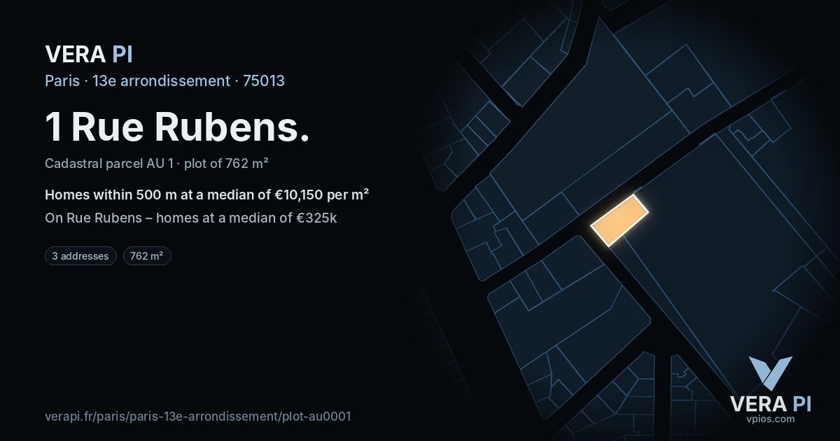 1 Rue Rubens, 13e arrondissement at night – the plot lit, the parcels around coloured by the prices near them
