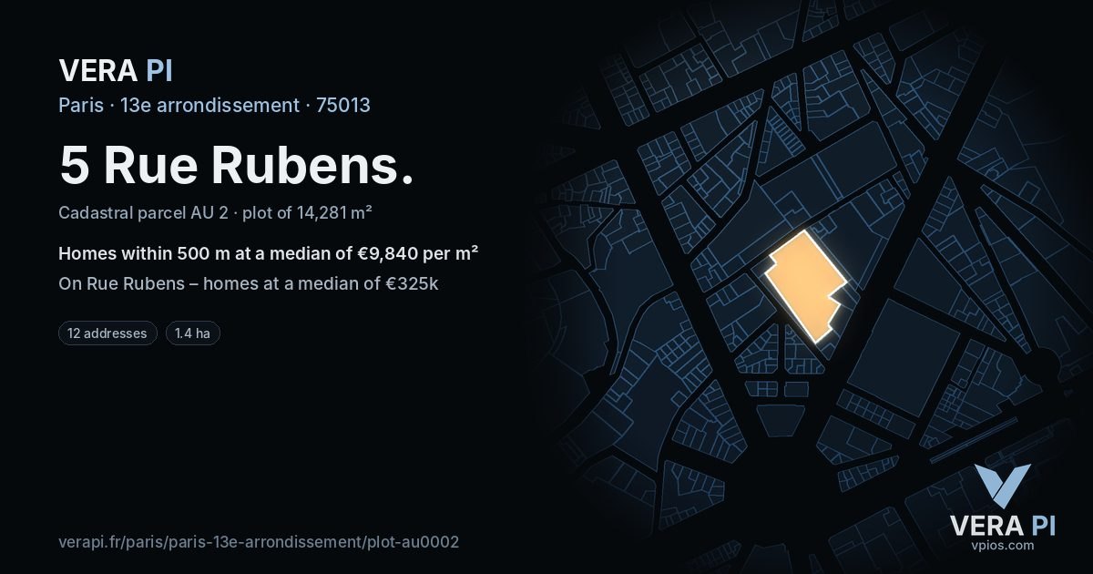 5 Rue Rubens, 13e arrondissement at night – the plot lit, the parcels around coloured by the prices near them