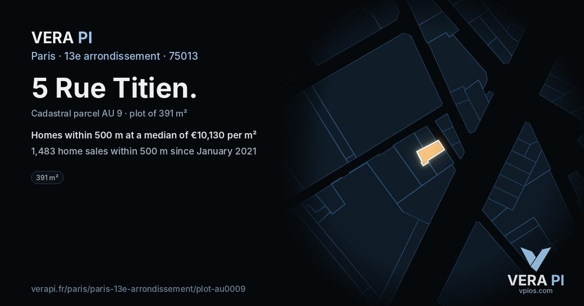 5 Rue Titien, 13e arrondissement at night – the plot lit, the parcels around coloured by the prices near them