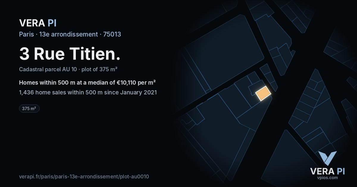 3 Rue Titien, 13e arrondissement at night – the plot lit, the parcels around coloured by the prices near them