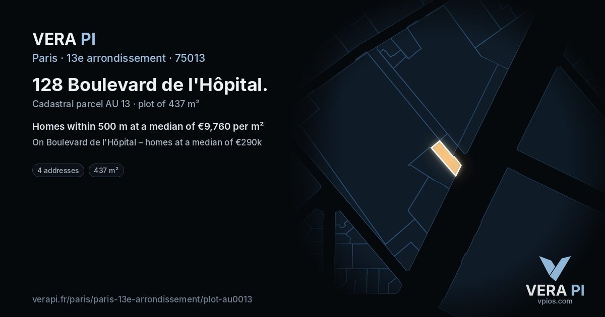128 Boulevard de l'Hôpital, 13e arrondissement at night – the plot lit, the parcels around coloured by the prices near them