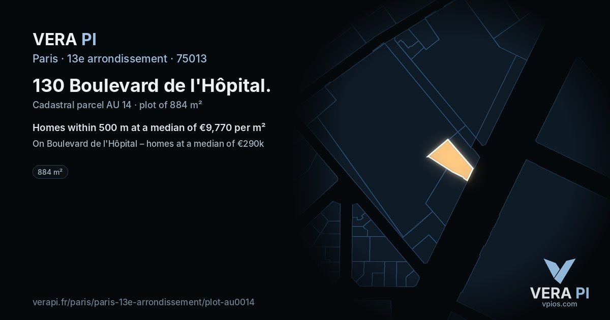 130 Boulevard de l'Hôpital, 13e arrondissement at night – the plot lit, the parcels around coloured by the prices near them