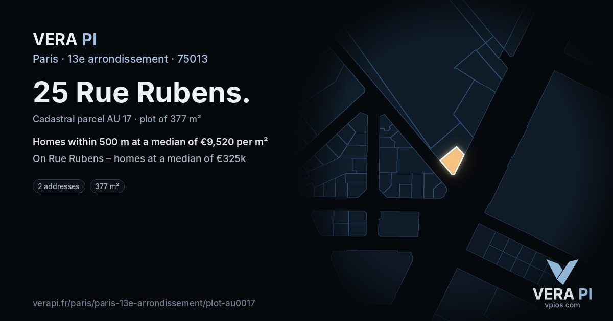 25 Rue Rubens, 13e arrondissement at night – the plot lit, the parcels around coloured by the prices near them