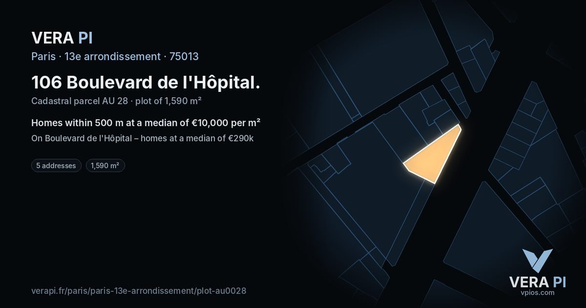 106 Boulevard de l'Hôpital, 13e arrondissement at night – the plot lit, the parcels around coloured by the prices near them