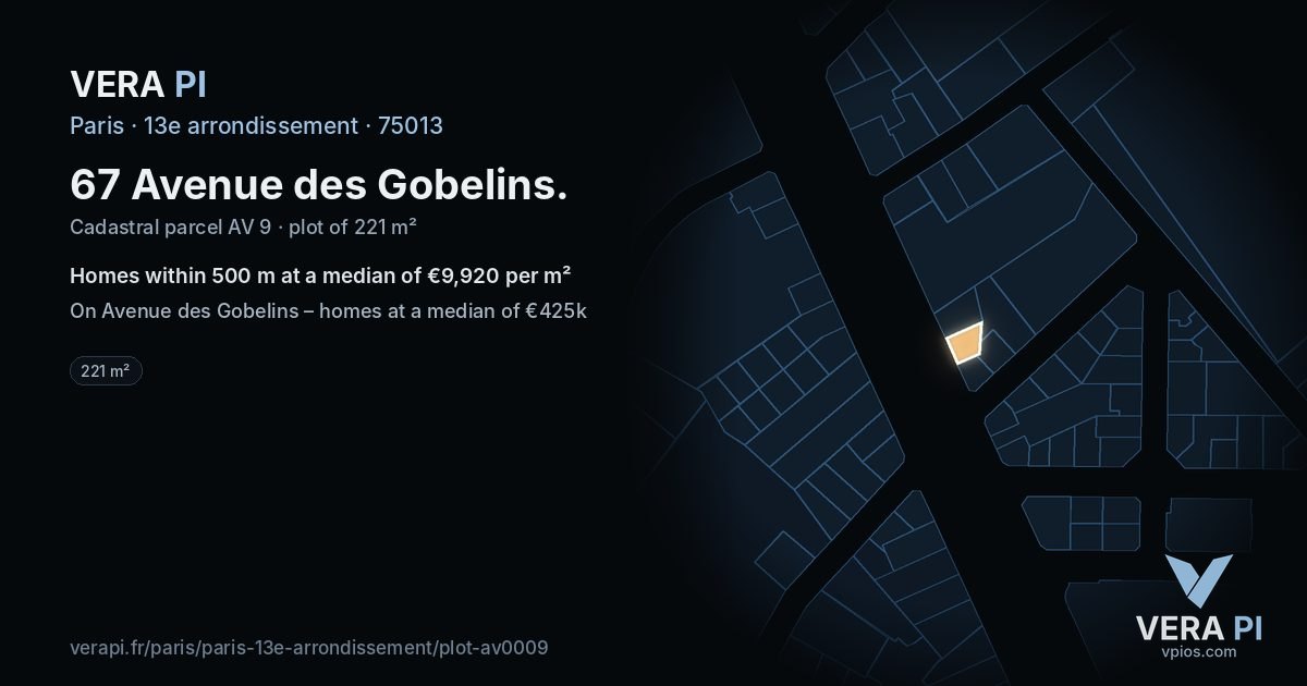 67 Avenue des Gobelins, 13e arrondissement at night – the plot lit, the parcels around coloured by the prices near them