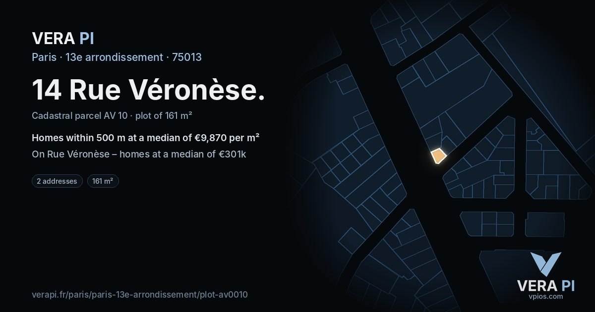 14 Rue Véronèse, 13e arrondissement at night – the plot lit, the parcels around coloured by the prices near them