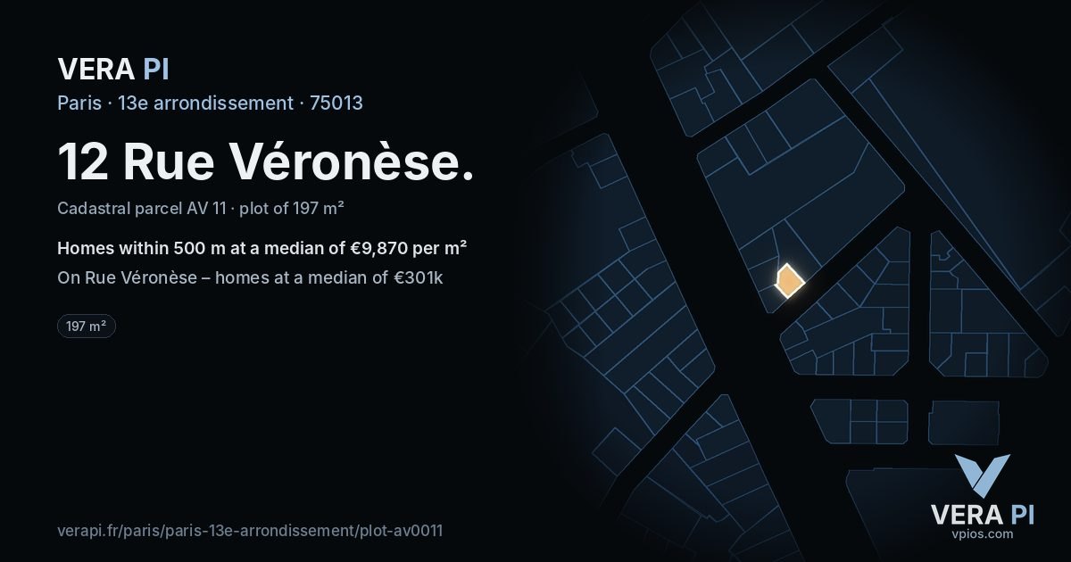 12 Rue Véronèse, 13e arrondissement at night – the plot lit, the parcels around coloured by the prices near them