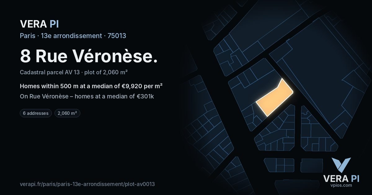 8 Rue Véronèse, 13e arrondissement at night – the plot lit, the parcels around coloured by the prices near them