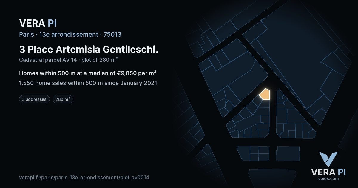 3 Place Artemisia Gentileschi, 13e arrondissement at night – the plot lit, the parcels around coloured by the prices near them