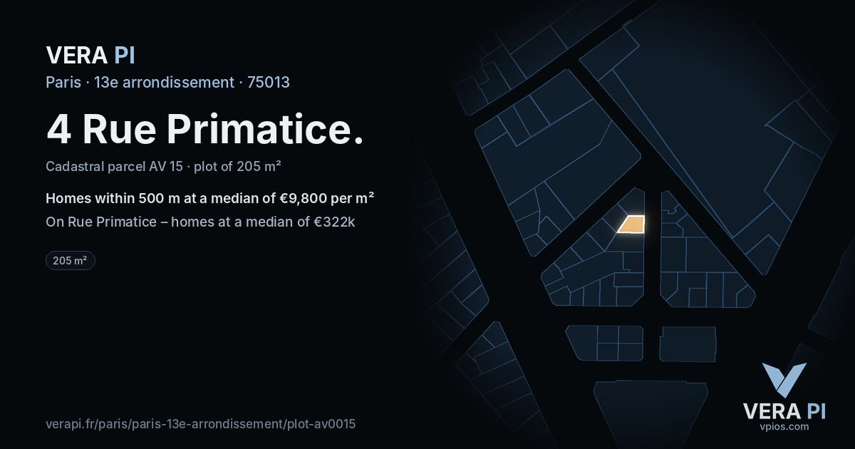 4 Rue Primatice, 13e arrondissement at night – the plot lit, the parcels around coloured by the prices near them