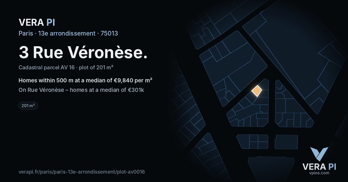 3 Rue Véronèse, 13e arrondissement at night – the plot lit, the parcels around coloured by the prices near them