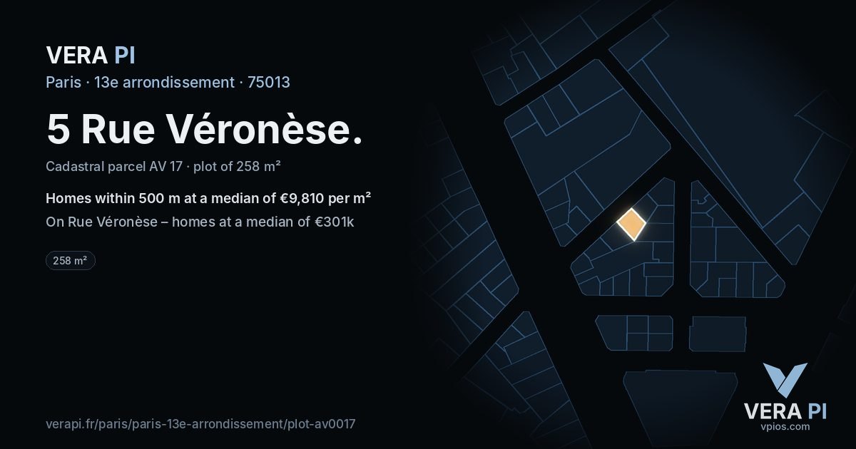 5 Rue Véronèse, 13e arrondissement at night – the plot lit, the parcels around coloured by the prices near them