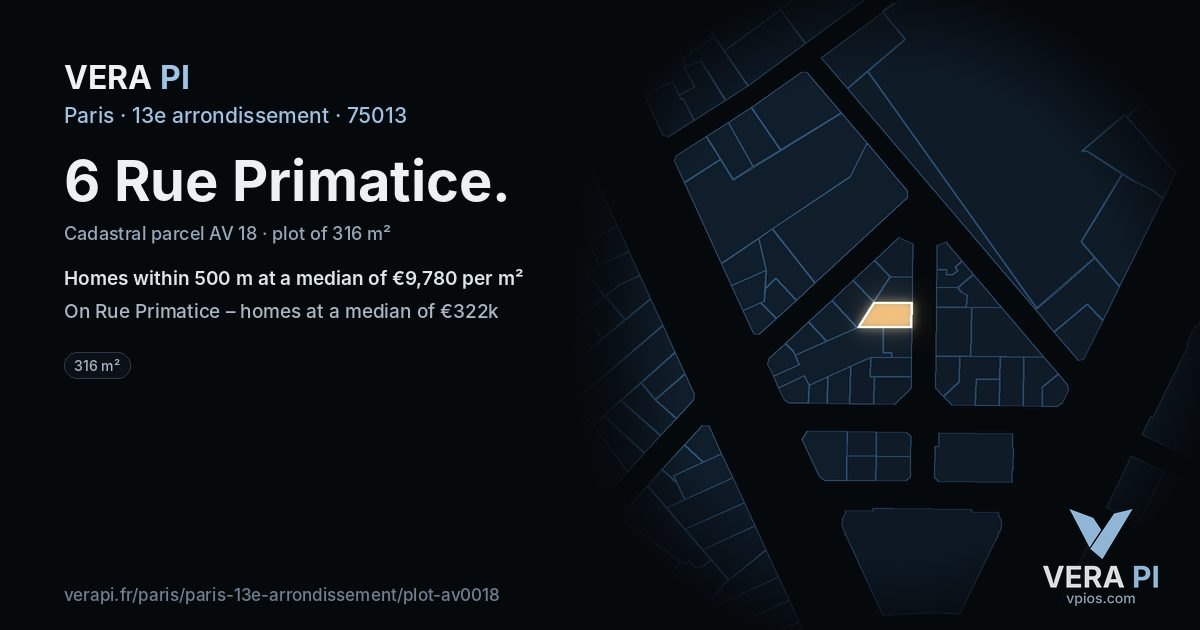 6 Rue Primatice, 13e arrondissement at night – the plot lit, the parcels around coloured by the prices near them