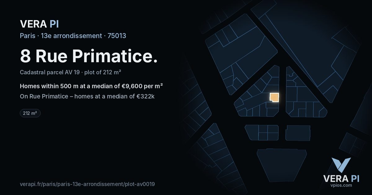 8 Rue Primatice, 13e arrondissement at night – the plot lit, the parcels around coloured by the prices near them