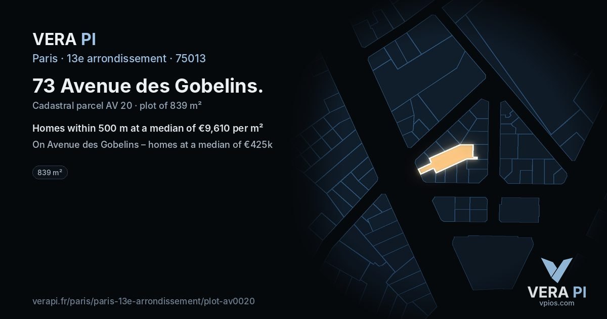 73 Avenue des Gobelins, 13e arrondissement at night – the plot lit, the parcels around coloured by the prices near them