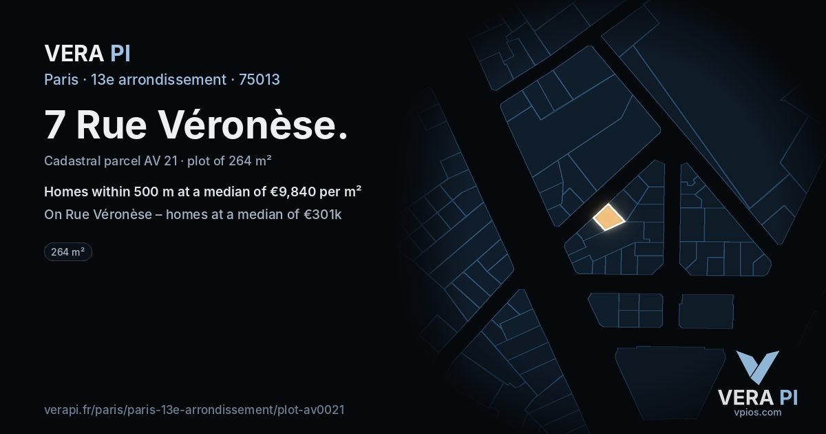 7 Rue Véronèse, 13e arrondissement at night – the plot lit, the parcels around coloured by the prices near them