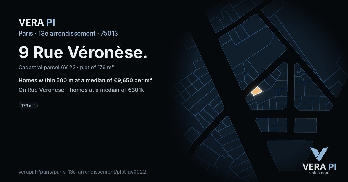 9 Rue Véronèse, 13e arrondissement at night – the plot lit, the parcels around coloured by the prices near them