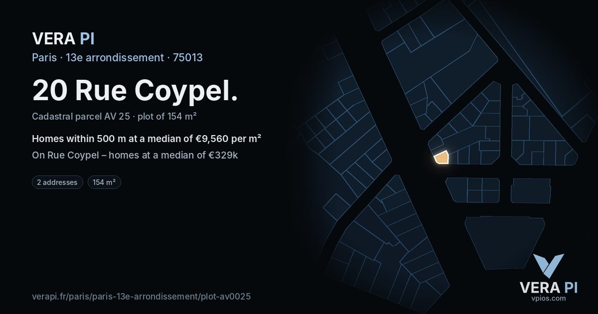 20 Rue Coypel, 13e arrondissement at night – the plot lit, the parcels around coloured by the prices near them