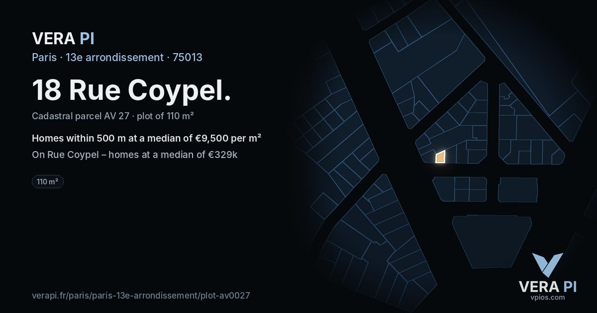 18 Rue Coypel, 13e arrondissement at night – the plot lit, the parcels around coloured by the prices near them