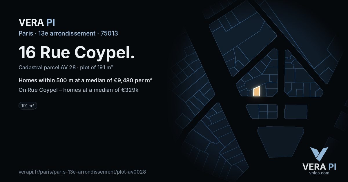 16 Rue Coypel, 13e arrondissement at night – the plot lit, the parcels around coloured by the prices near them