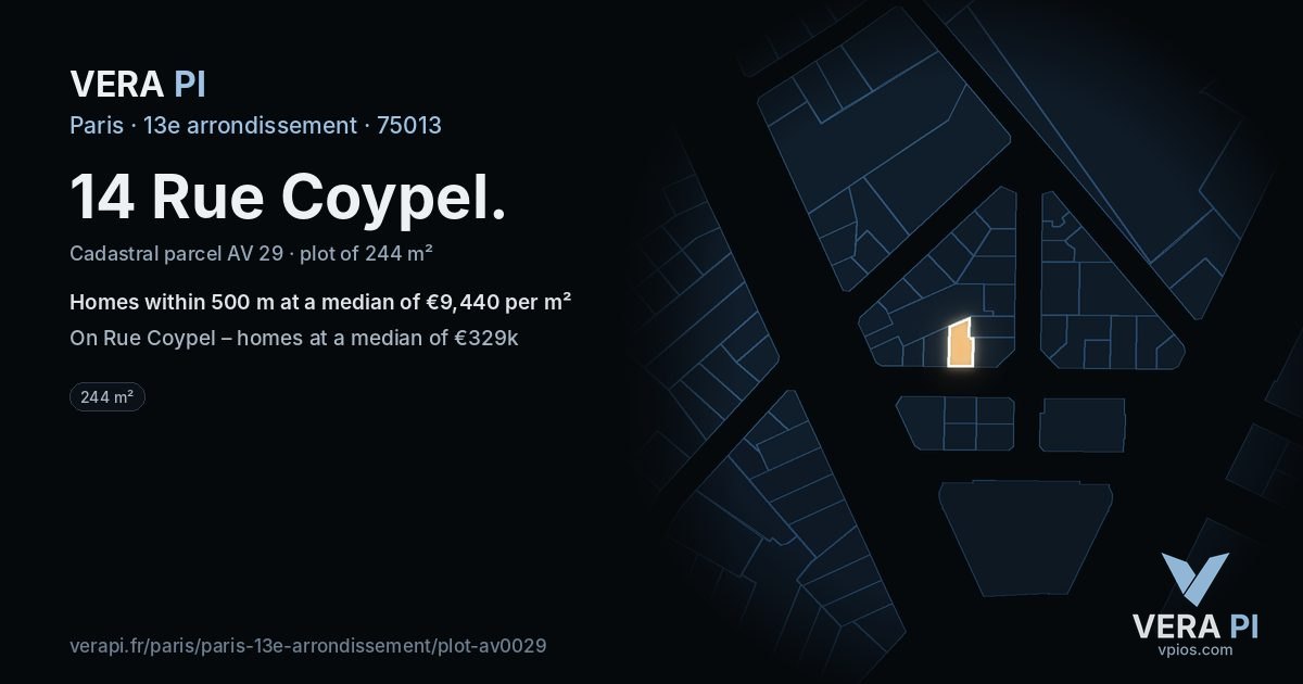 14 Rue Coypel, 13e arrondissement at night – the plot lit, the parcels around coloured by the prices near them
