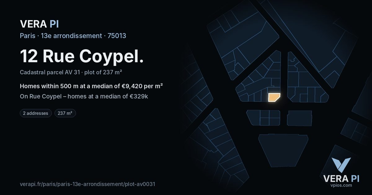 12 Rue Coypel, 13e arrondissement at night – the plot lit, the parcels around coloured by the prices near them