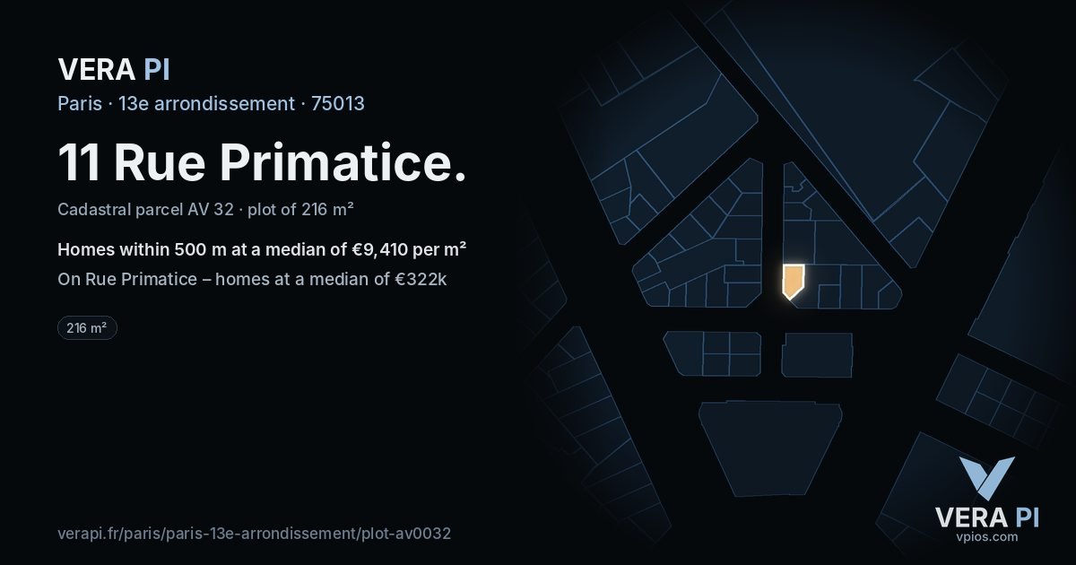 11 Rue Primatice, 13e arrondissement at night – the plot lit, the parcels around coloured by the prices near them