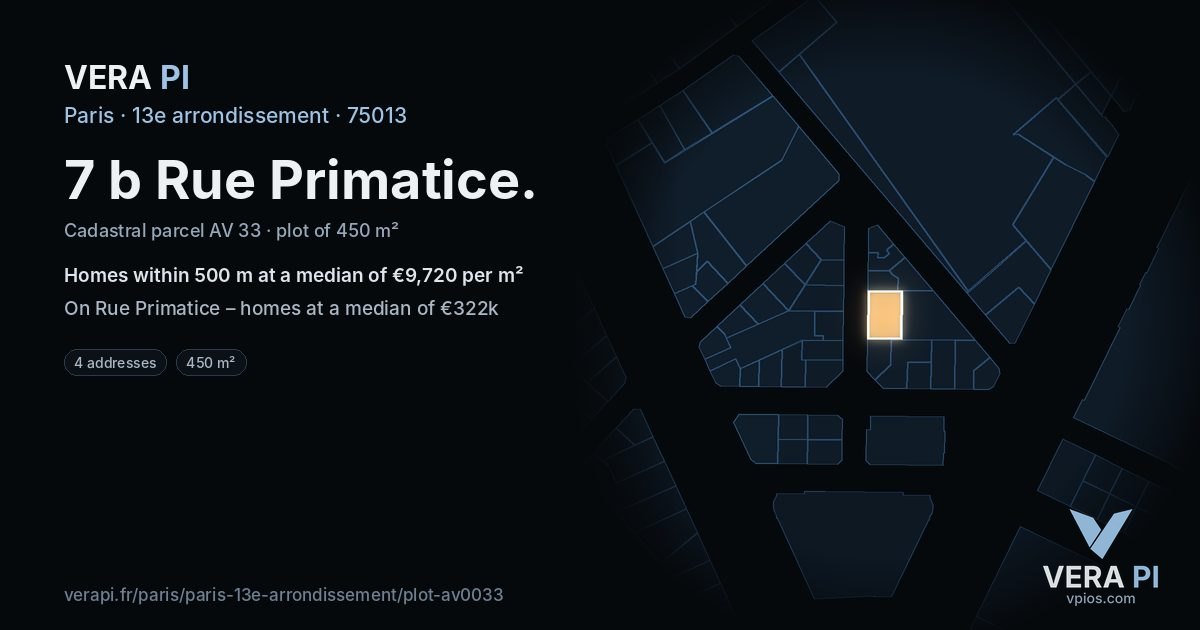 7 b Rue Primatice, 13e arrondissement at night – the plot lit, the parcels around coloured by the prices near them