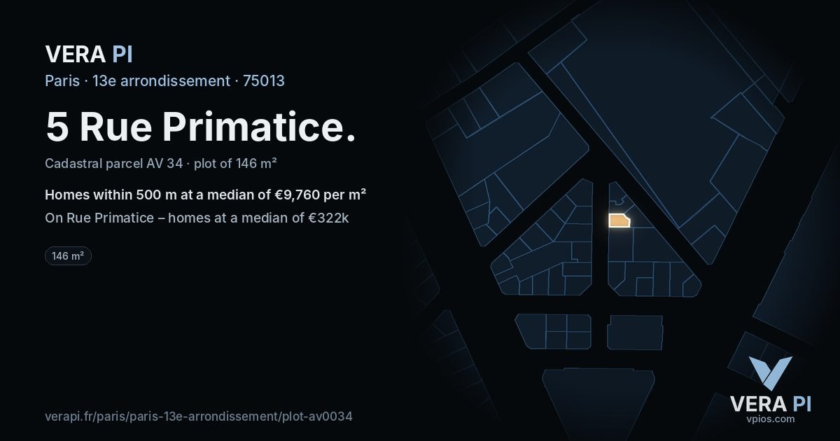 5 Rue Primatice, 13e arrondissement at night – the plot lit, the parcels around coloured by the prices near them