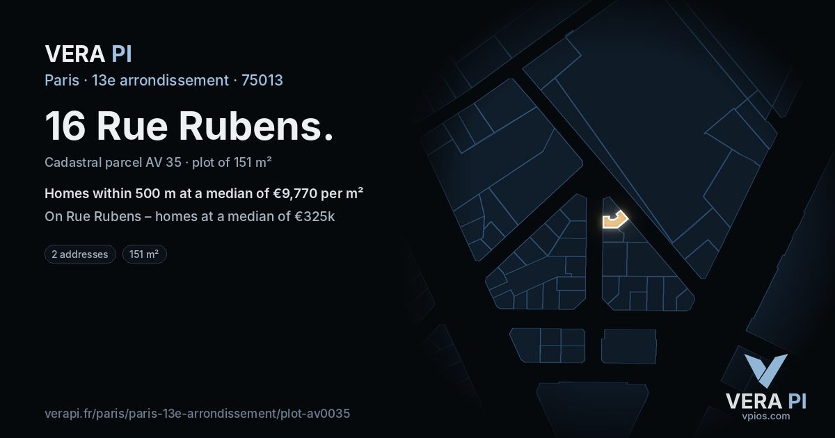 16 Rue Rubens, 13e arrondissement at night – the plot lit, the parcels around coloured by the prices near them