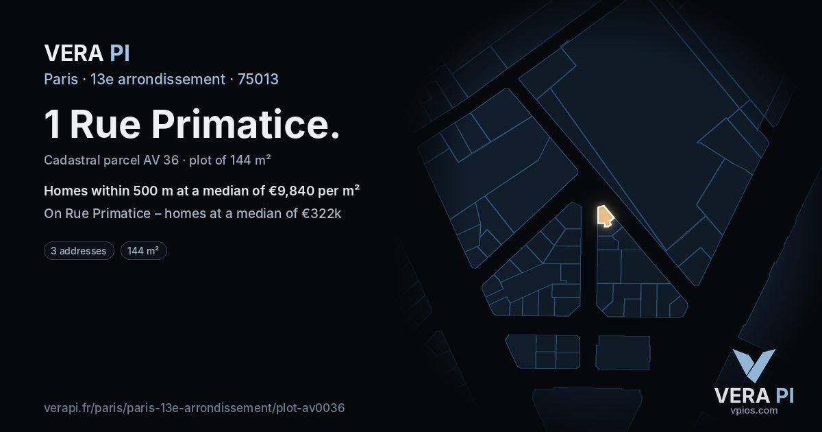 1 Rue Primatice, 13e arrondissement at night – the plot lit, the parcels around coloured by the prices near them