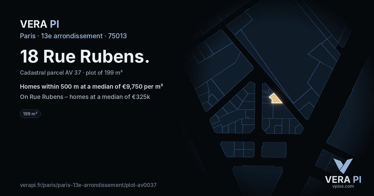 18 Rue Rubens, 13e arrondissement at night – the plot lit, the parcels around coloured by the prices near them