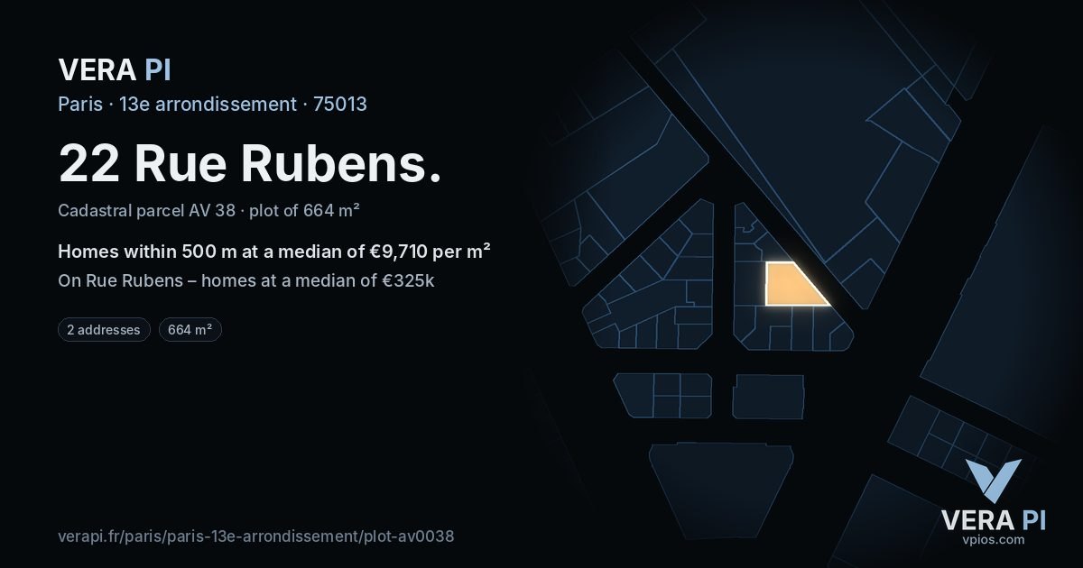 22 Rue Rubens, 13e arrondissement at night – the plot lit, the parcels around coloured by the prices near them