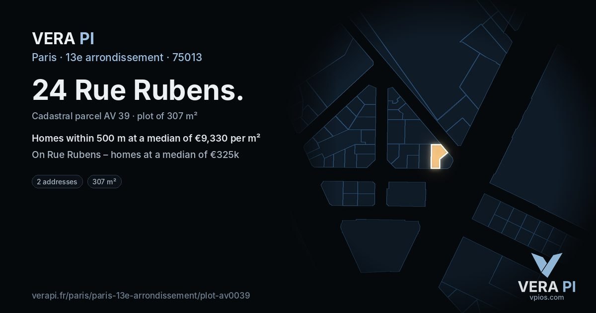 24 Rue Rubens, 13e arrondissement at night – the plot lit, the parcels around coloured by the prices near them